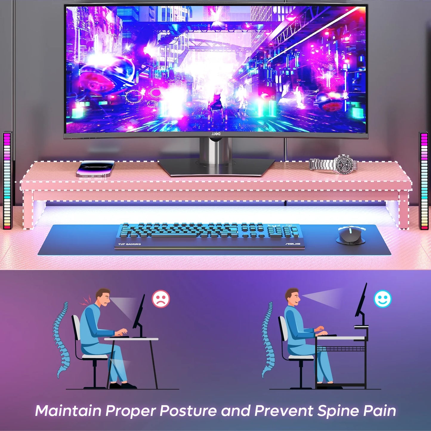 59 Inch U-Shaped Gaming Computer Desk with LED Lights & Monitor Stand & Headphone Hooks & Cup Holder, Home Office Desk, Pink