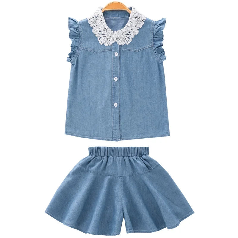 Girls Denim Suit 2025 Summer New Short Sleeve Blouse +Shorts 2 Pc Set