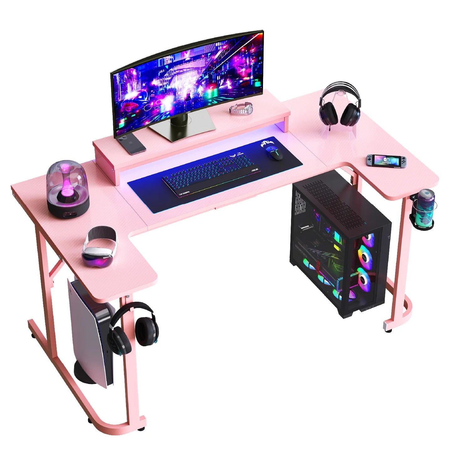 59 Inch U-Shaped Gaming Computer Desk with LED Lights & Monitor Stand & Headphone Hooks & Cup Holder, Home Office Desk, Pink