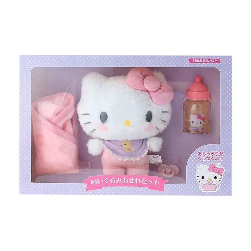 Miniso Sanrio My Melody Hellokitty Cinnamoroll Baby Dress Up Suit Sanrios Baby Pacifier Bottle Plush Set Gifts Box Cute Doll Toy