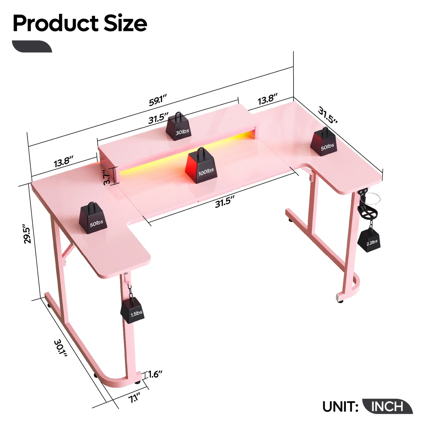 59 Inch U-Shaped Gaming Computer Desk with LED Lights & Monitor Stand & Headphone Hooks & Cup Holder, Home Office Desk, Pink