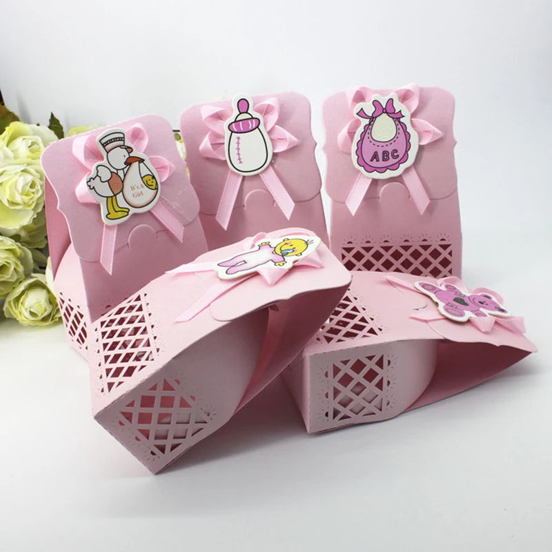 12pcs Baby Bottle Candy Box Kids Birthday Favor Gift Box Baby Shower Bag With Bow Stickers Gender Reveal Birthday Party Supplies