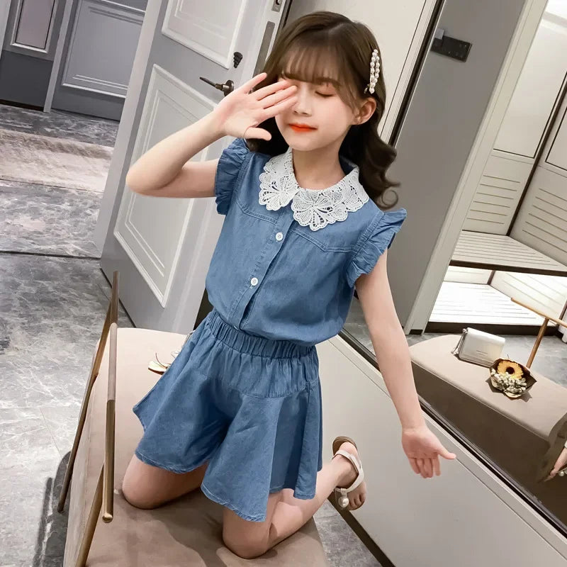Girls Denim Suit 2025 Summer New Short Sleeve Blouse +Shorts 2 Pc Set