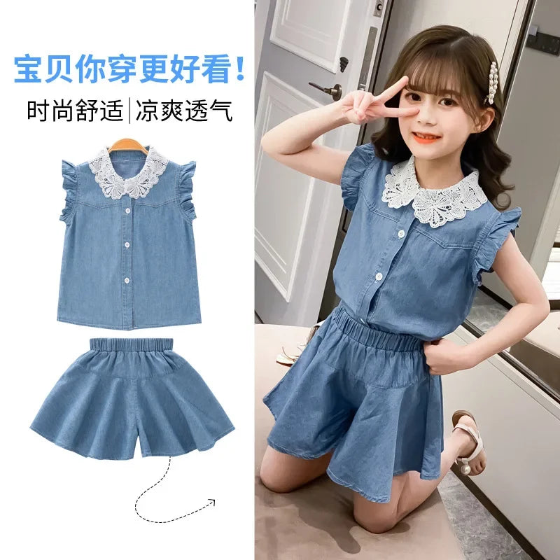 Girls Denim Suit 2025 Summer New Short Sleeve Blouse +Shorts 2 Pc Set