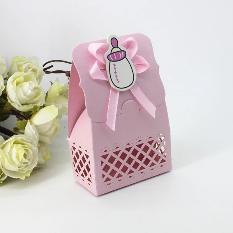 12pcs Baby Bottle Candy Box Kids Birthday Favor Gift Box Baby Shower Bag With Bow Stickers Gender Reveal Birthday Party Supplies
