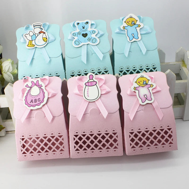 12pcs Baby Bottle Candy Box Kids Birthday Favor Gift Box Baby Shower Bag With Bow Stickers Gender Reveal Birthday Party Supplies