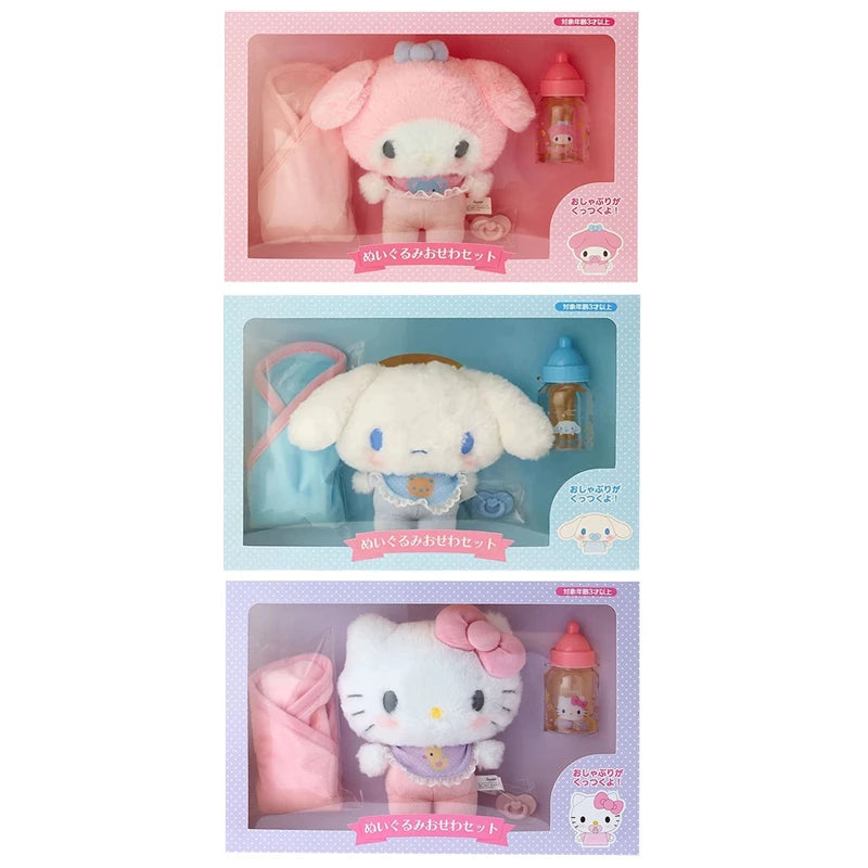 Miniso Sanrio My Melody Hellokitty Cinnamoroll Baby Dress Up Suit Sanrios Baby Pacifier Bottle Plush Set Gifts Box Cute Doll Toy