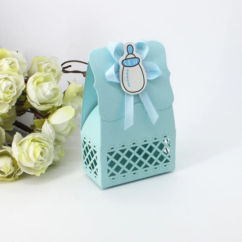 12pcs Baby Bottle Candy Box Kids Birthday Favor Gift Box Baby Shower Bag With Bow Stickers Gender Reveal Birthday Party Supplies