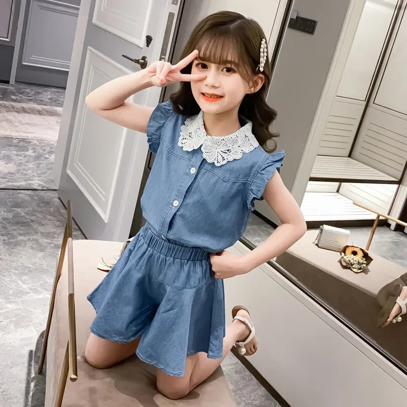 Girls Denim Suit 2025 Summer New Short Sleeve Blouse +Shorts 2 Pc Set