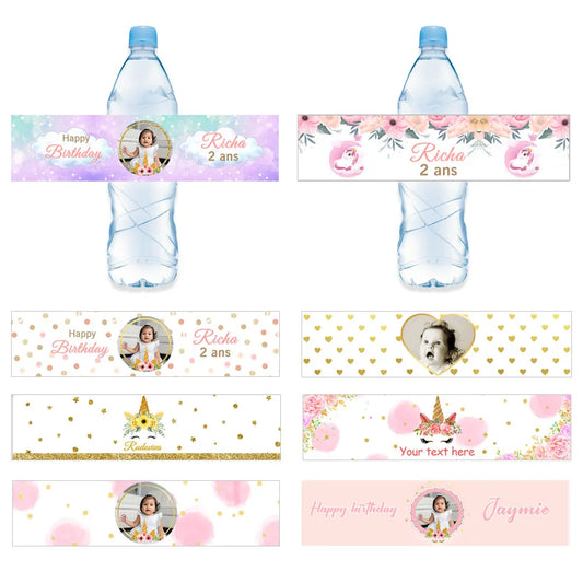 Unicorn Happy Birthday Party Water Bottle Stickers Custom Name Personalized Baby Shower Baptism Kids Festive Event Supplies