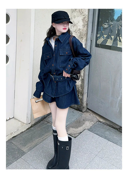 Girl JK Denim Clothes Set College style retro denim shirt coat+skirt 2pc