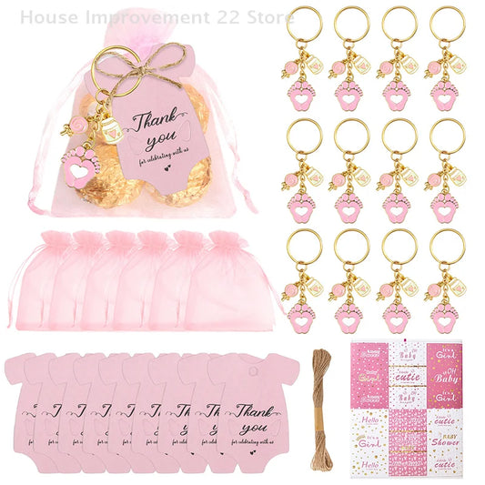 12 Sets Baby Shower Favors For Girl Boy Footprint Keychains Gifts With Bottle Lollipop Organza Bags And Thank You Tags
