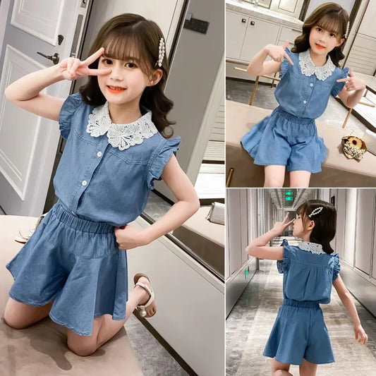 Girls Denim Suit 2025 Summer New Short Sleeve Blouse +Shorts 2 Pc Set