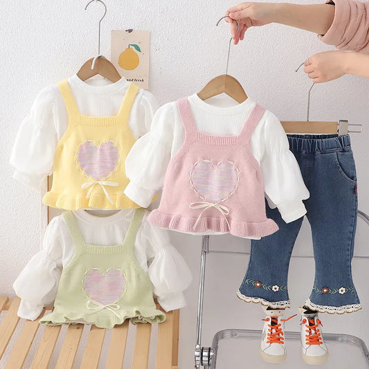 Girls 3pcs Outfits Sets Solid Spaghetti Strap Knitted Vest+White Puff Sleeve T-shirt+High Waist Embroidery Flare Jeans