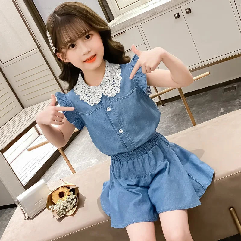 Girls Denim Suit 2025 Summer New Short Sleeve Blouse +Shorts 2 Pc Set